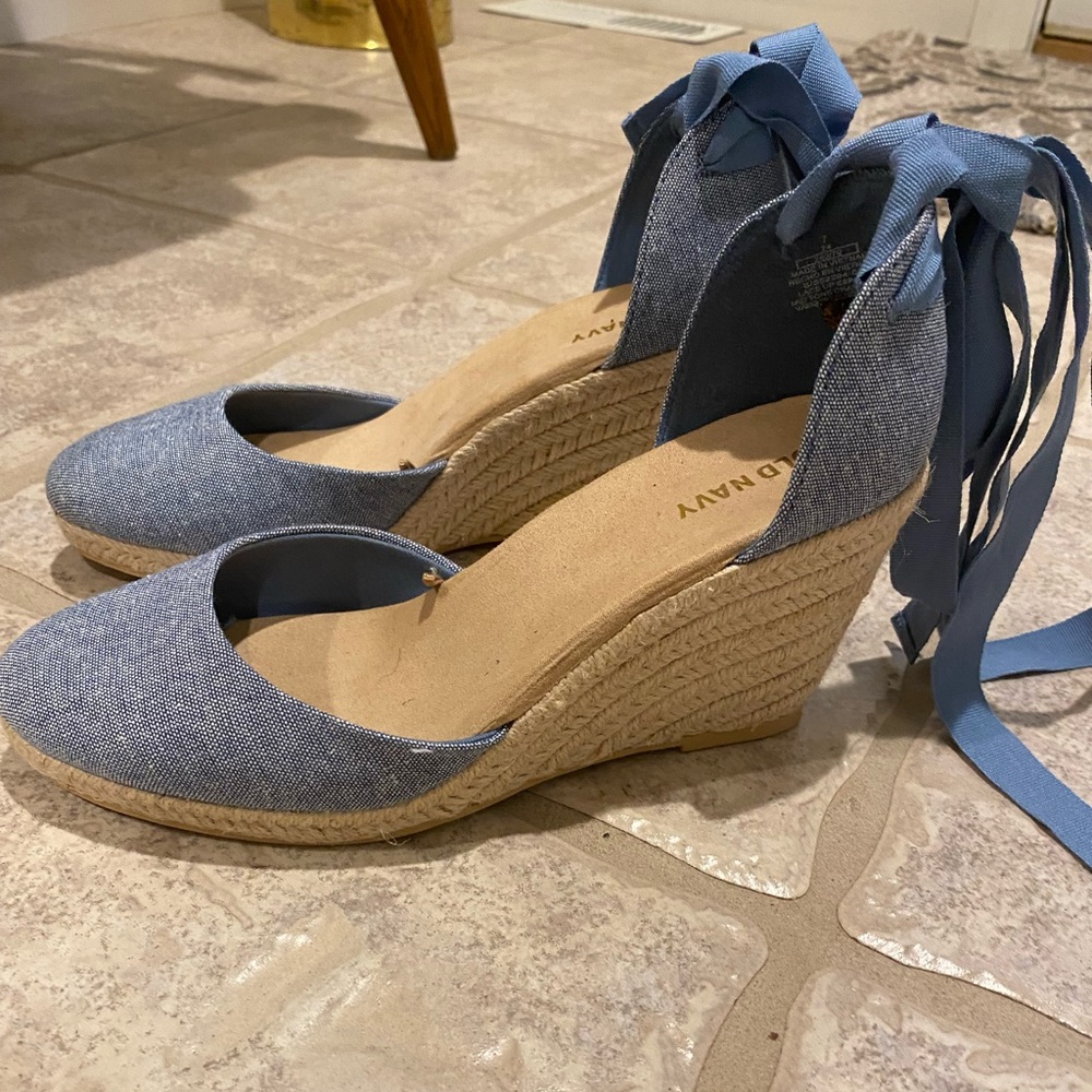 Blue Wedge Shoes with Ankle Tie Size 7